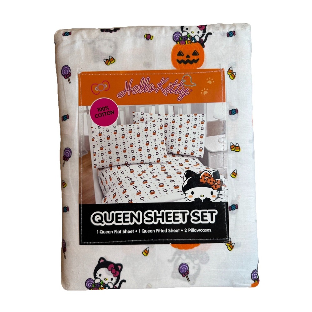 Hello Kitty Halloween‎ 4 Piece Queen Sheet Set Cats & Pumpkins NEW